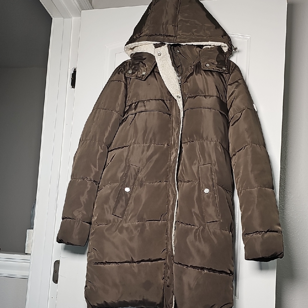 Steve Madden Sm Women's Cozy Brown Hooded Puffer Jacket, Removable Hood